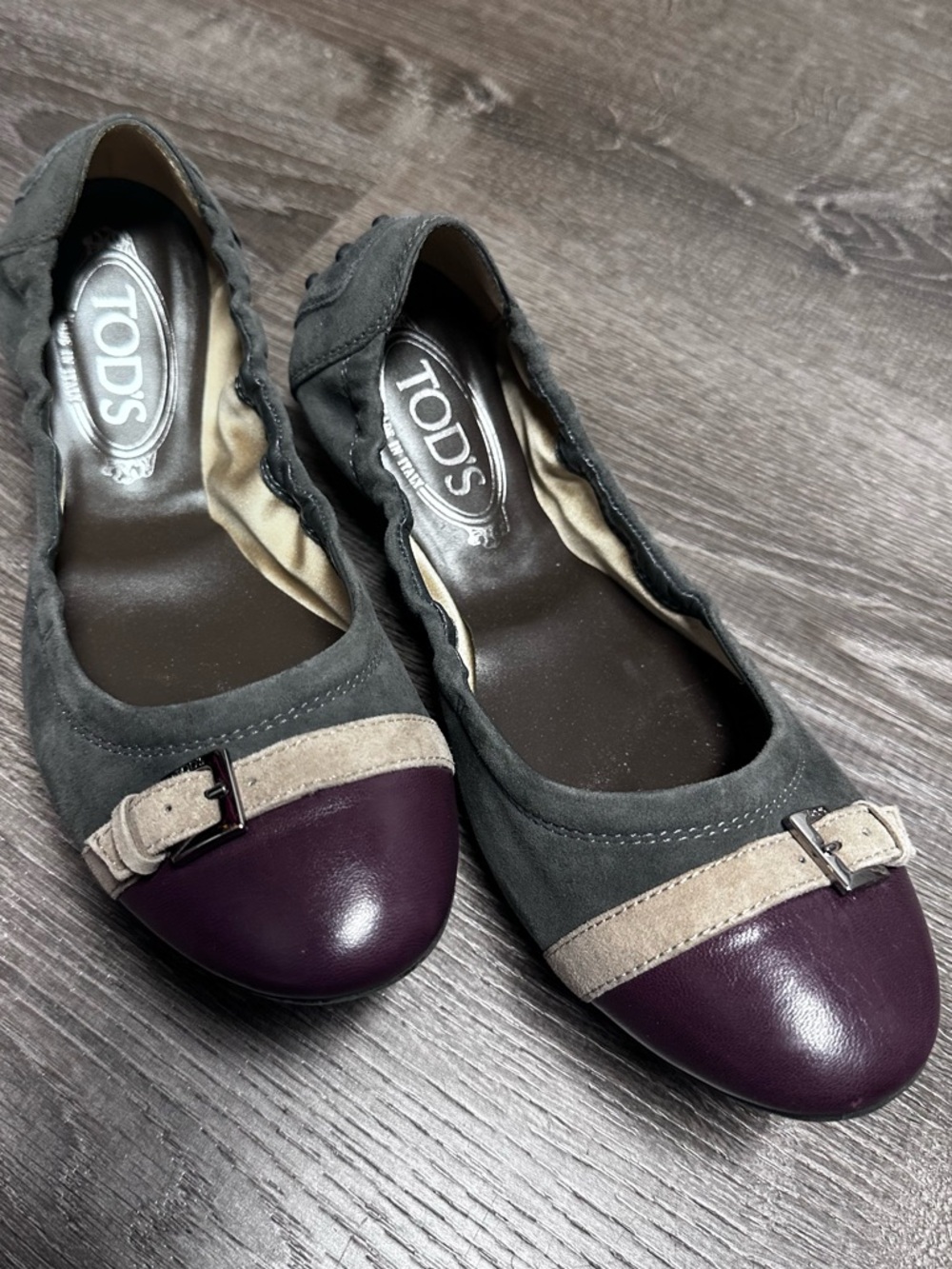 Tod’s Suede and Leather cap toe buckle scrunch ballet flats